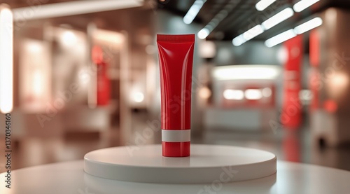 Red Cosmetic Tube Displayed on a White Pedestal in a Blurred Modern Setting W...