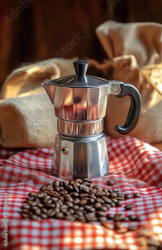 Coffee Preparation in a Rustic Kitchen With Beans and a Stove-Top Pot at Morn...