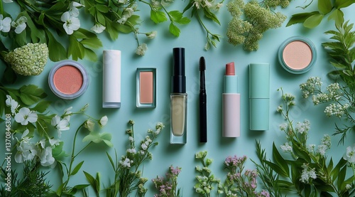 Beauty Products Displayed Among Fresh Flowers and Greenery in a Serene Setting