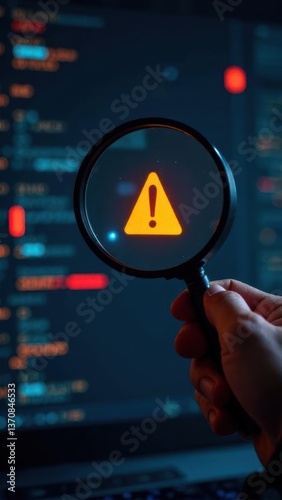 Magnifying glass focusing on warning sign in front of computer screen displaying code, cybersecurity alert concept