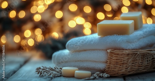 Relaxing Spa Setup With Towels, Soap and Cozy Warm Lights in a Tranquil Setting