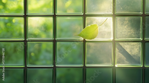 Sunlight Filters Through Glass Blocks With Green Leaves Creating a Tranquil A...