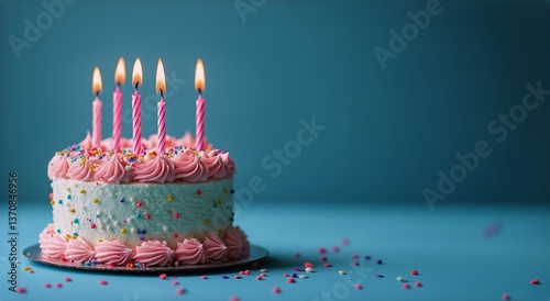 Six Pink Candles Blaze on a Round Birthday Cake Adorned With Colorful Sprinkles