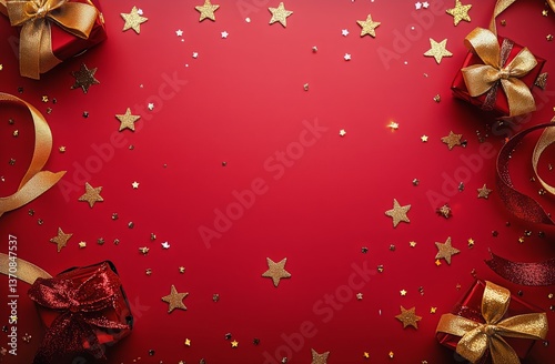 Festive Gold and Red Decorations With Stars and Ribbons for Holiday Celebrations