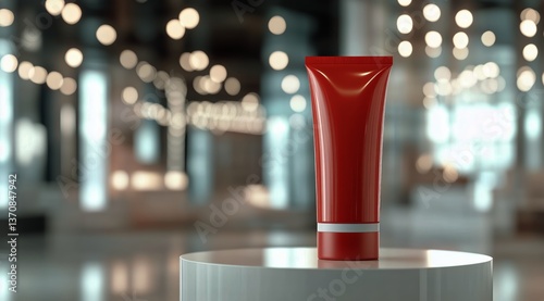Red Cosmetic Tube Displayed on a White Pedestal in a Blurred Modern Setting W...