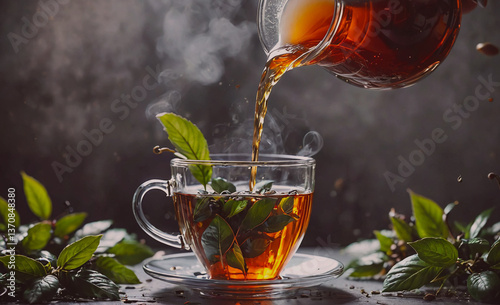 Cup of tea is being poured into another cup, with a leaf floating in the tea. The leaf is green and he is a type of tea leaf. The tea is hot and steam is rising from the cup