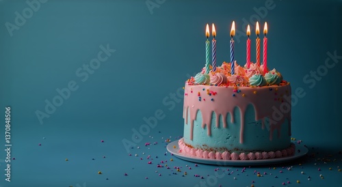 Six Pink Candles Blaze on a Round Birthday Cake Adorned With Colorful Sprinkles