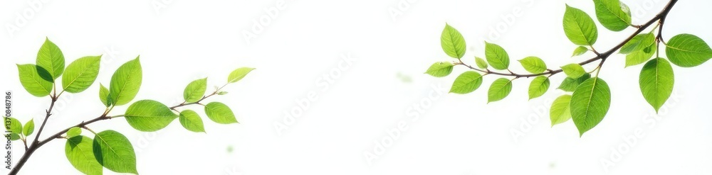 Leafy branches with delicate green foliage isolated on white background, branches, foliage