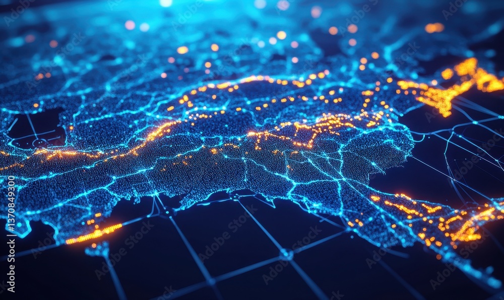 Fototapeta premium Southeast Asia digital network grid communication map data flow