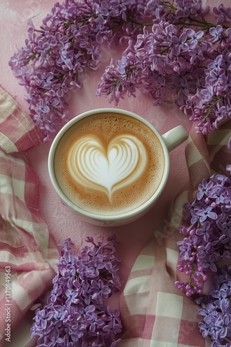Heart Shaped Latte Art Surrounded by Lilac Flowers on a Soft Pink Background