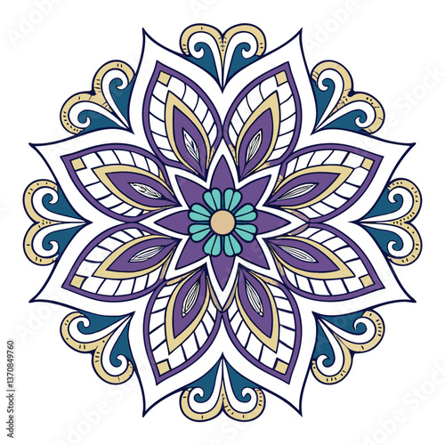 Intricate Mandala Design in Purples, Golds, and Teal, ai generated