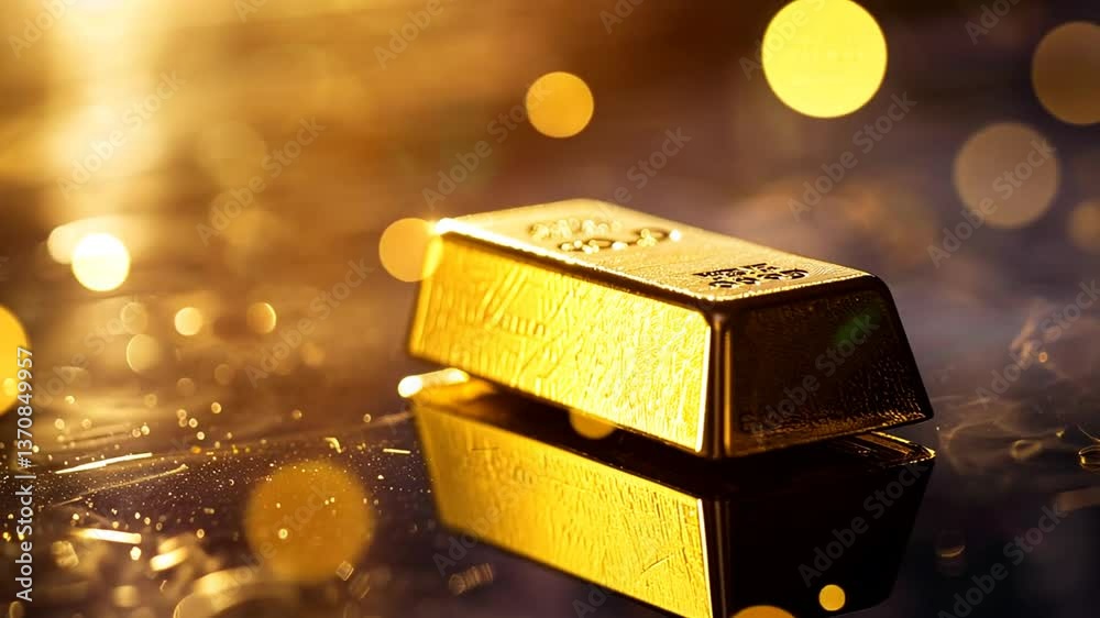 Einzelner Goldbarren auf reflektierender Oberfläche