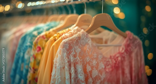 Colorful Lace Garments Displayed on a Rack in a Stylish Boutique During a Sun...