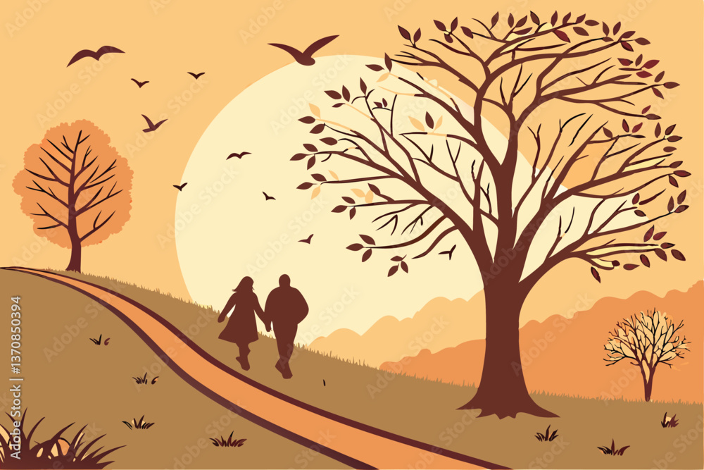 2 Autumn landscape, couple walking hand in hand, silhouette, winding path, orange sky, sunset, bare trees, falling leaves, romantic atmosphere, warm colors, illustration style, digital art, scenic vie 2 Autumn landscape, couple walking hand in hand, silhouette, winding path, orange sky, sunset, bare trees, falling leaves, romantic atmosphere, warm colors, illustration style, digital art, scenic vie