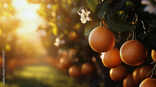 Vibrant Orange Grove at Sunset With Blooming Flowers and Ripe Fruit Highlight...