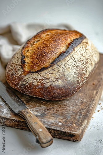 Artisan Bread Loaf Resting on a Wooden Cutting Board With a Serrated Knife Ne...