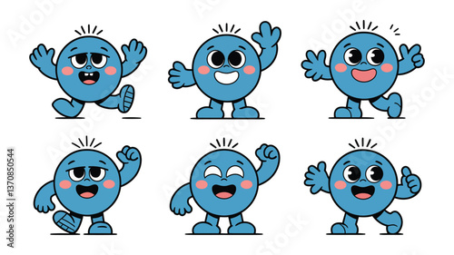Joyful Blue Circle Characters: A collection of six playful blue circle characters with various expressions and poses, exuding happiness and whimsical charm.