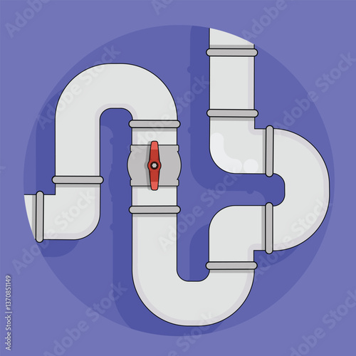 Installation of water or gas pipes with fittings and valves for industrial or construction purposes. Vector illustration in flat style.