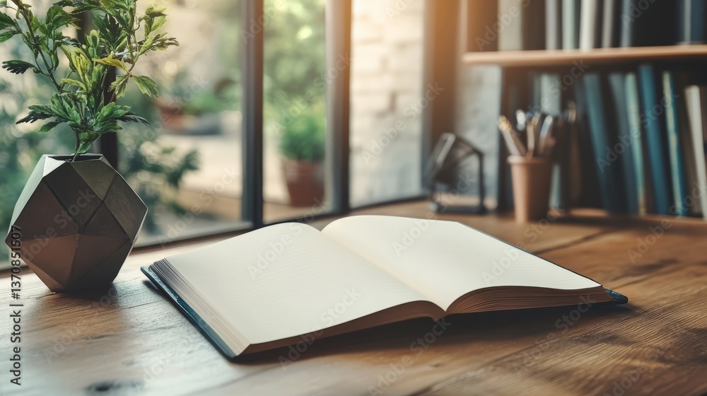 An empty notebook with no writing, open on a plain, light-colored desk with minimal decor like a single stone or a small sculpture An empty notebook with no writing, open on a plain, light-colored desk with minimal decor like a single stone or a small sculpture