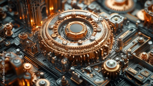 Wallpaper Mural Detailed close-up of intricate steampunk gears and mechanisms with glowing city background Torontodigital.ca