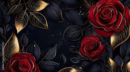 Luxury Floral Texture with Dramatic Golden Leaves and Deep Red Roses on a Dark Background