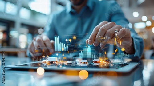 Businessman managing corporate operations on a tablet, analyzing logistics data to enhance productivity and efficiency. Reflects strategic decision-making in business management.