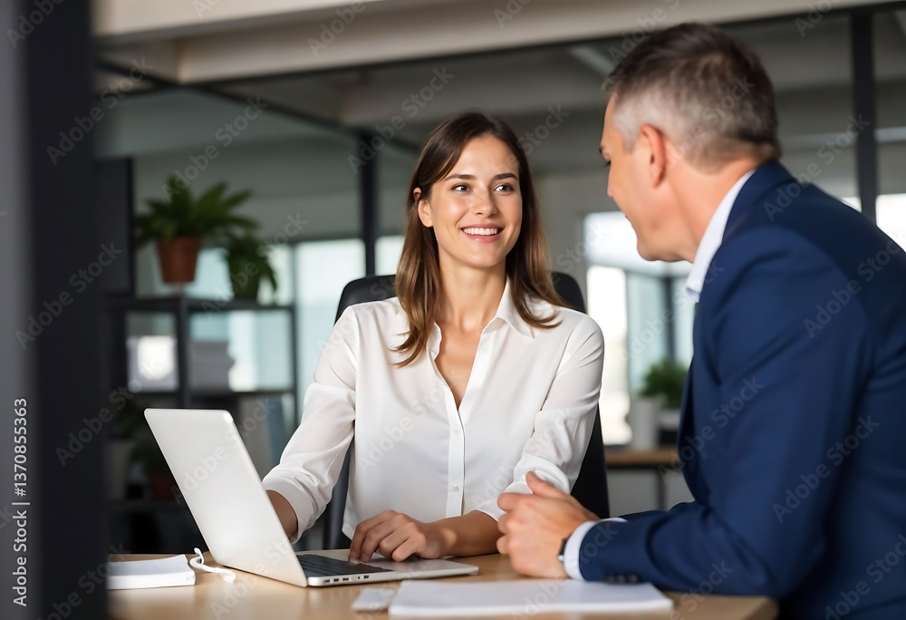 Professional Business Meeting in a Modern Office: Man and Woman Collaborating with Laptop in a Bright, Stylish Workspace Professional Business Meeting in a Modern Office: Man and Woman Collaborating with Laptop in a Bright, Stylish Workspace