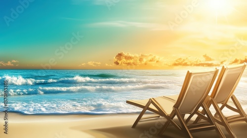 Serene Beach Chairs at Sunset: Capture the essence of tranquility with an inviting shot of two empty beach chairs on a sandy beach, overlooking a vast ocean.