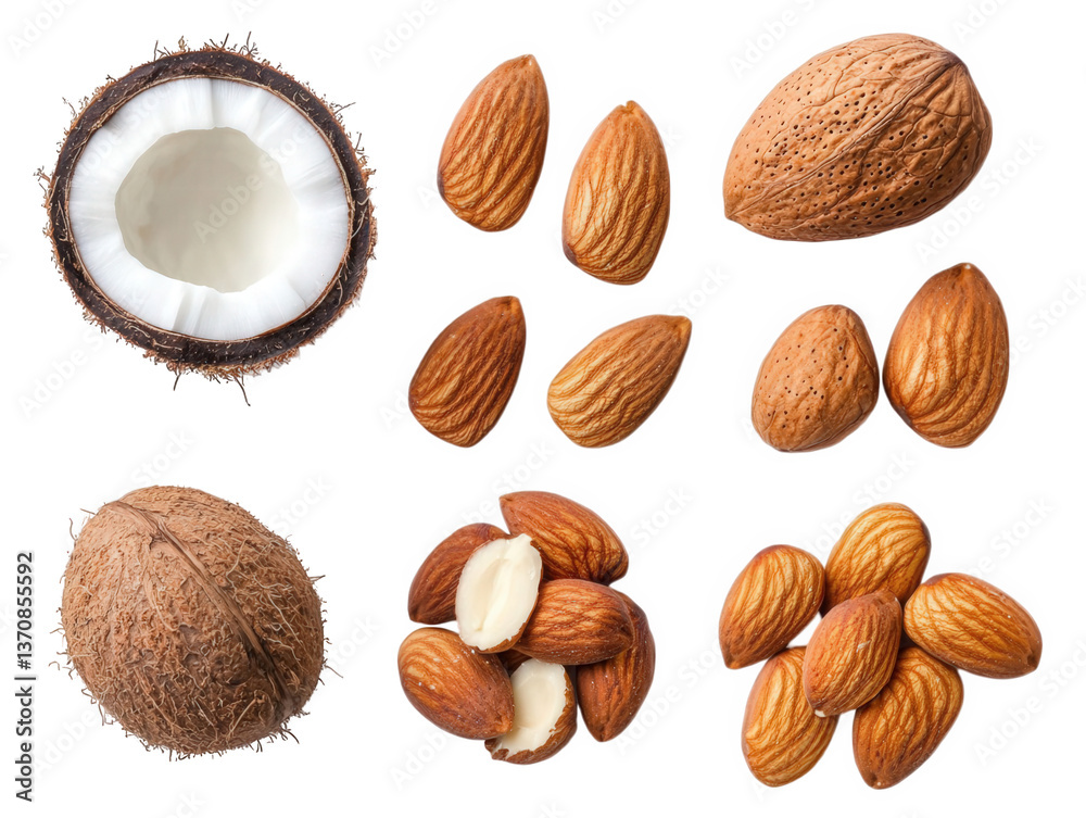 Assortment of nuts and coconut with a transparent background showcasing a variety of textures and shapes for culinary and decorative use Assortment of nuts and coconut with a transparent background showcasing a variety of textures and shapes for culinary and decorative use