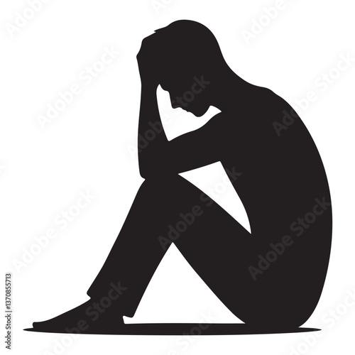 Depressed Silhouette Man Sitting Head in Hands Sadness Isolation