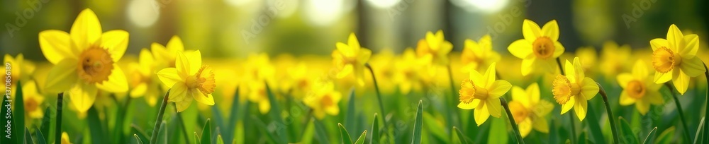 Obraz premium Springtime flower field with bright yellow daffodils, wildflowers, landscape