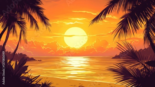 Sunset Serenity: Witness the sun descending in a fiery display over a tranquil beach, framed by the silhouettes of palm trees. A scene of vibrant colors and peaceful ambiance.