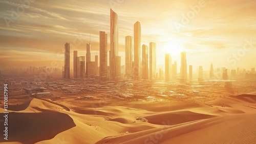 Golden sunset over a futuristic city skyline rising from desert dunes, showcasing modern architecture