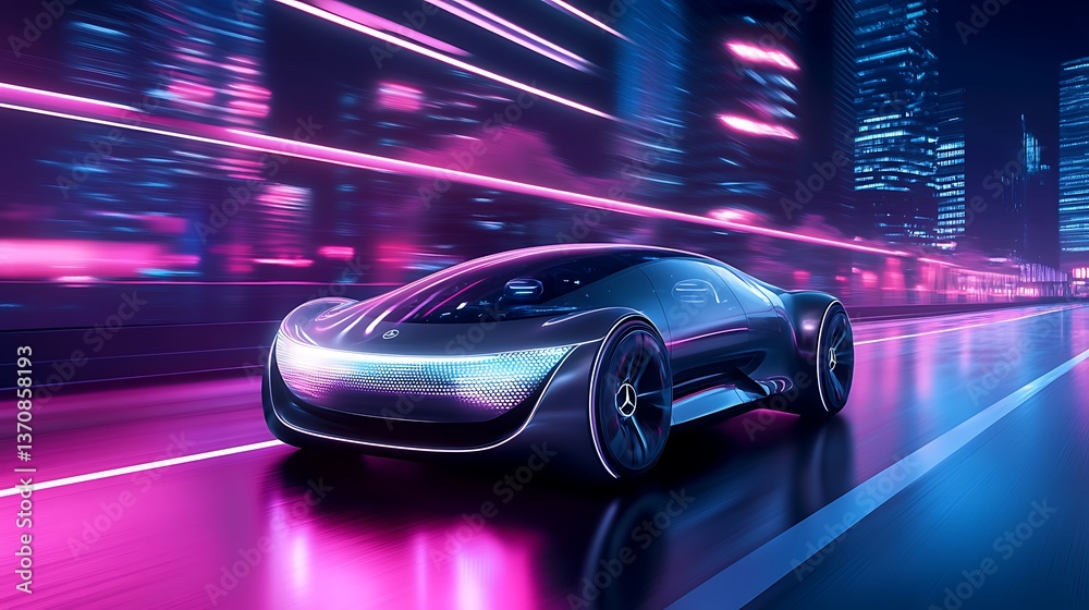 Fototapeta premium Futuristic self-driving car on neon-lit highway at night with motion blur, advanced technology and modern transportation concept