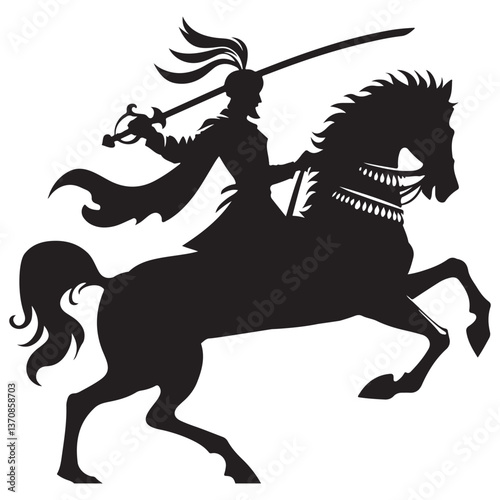 Black Knight Horseman Silhouette Vector Illustration with Sword Raised