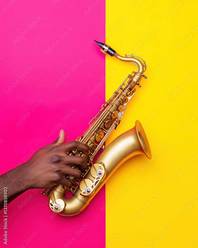 Fototapeta premium Vibrant Chromatic Jazz Contemporary Musical Expression with Gold Saxophone Against Pop Art Color Block - Dynamic Creative Performance Imagery for Cultural Marketing