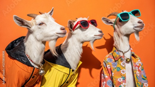 Fototapeta Naklejka Na Ścianę i Meble -  Fashionable Goats in Stylish Outfits: Quirky and Creative Animal Photography with Vibrant Orange Backdrop
