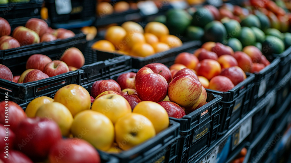 Close up shot of various fruits in black crates including apples oranges peaches and avocados Close up shot of various fruits in black crates including apples oranges peaches and avocados