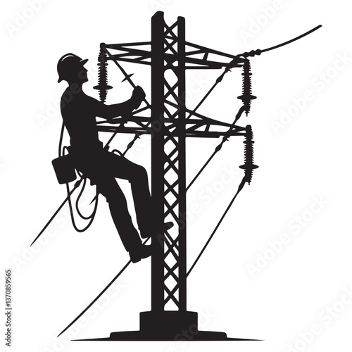 Lineman Working on High Voltage Power Lines Electrical Infrastructure Safety
