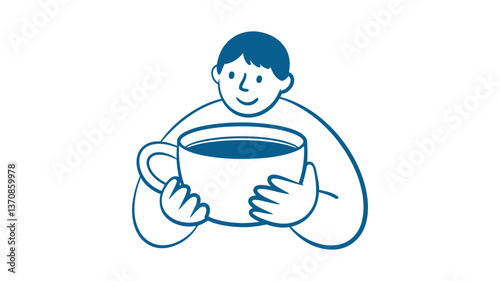 Simple Morning: An illustration of a cheerful individual, contentedly cradling a sizable coffee cup. A visual embodiment of early routines, relaxation and the solace of a fresh brew.