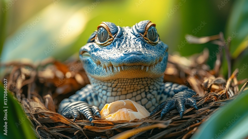 Fototapeta premium baby crocodile hatching from an egg 