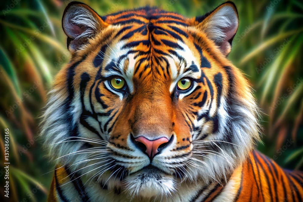 Fototapeta premium A highly detailed, realistic portrait of a tiger, focusing on the texture of its fur, the intensity of its gaze, and the vivid colors of its stripes.
