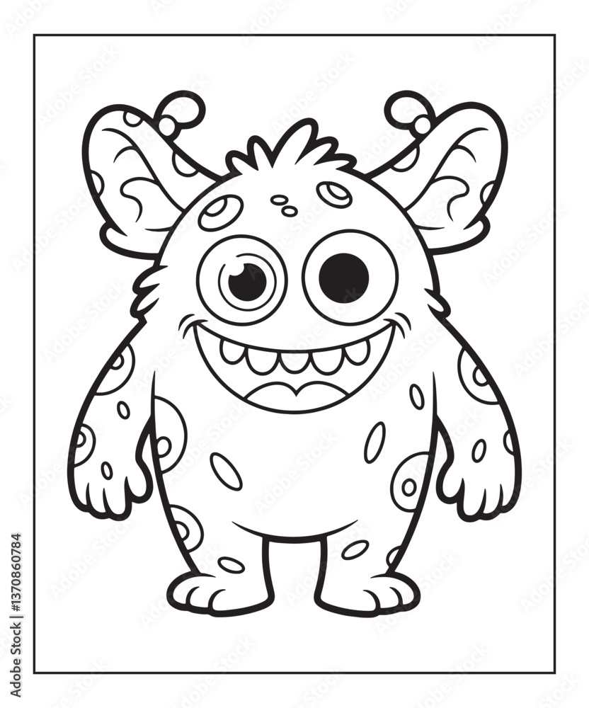 Fototapeta premium Simple and cute monster coloring page for kids, black line art vector illustration on white background