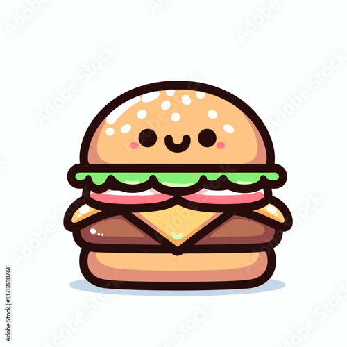 Cute cartoon hamburger with smiling face on white background  