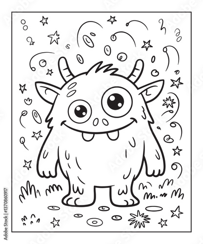 Simple and cute monster coloring page for kids, black line art vector illustration on white background