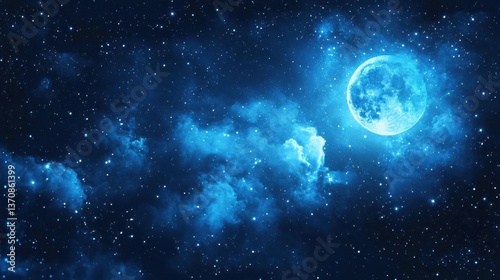 Ethereal full moon shining brightly in a dark blue starry night sky with soft glowing clouds creating a serene and magical celestial scene
