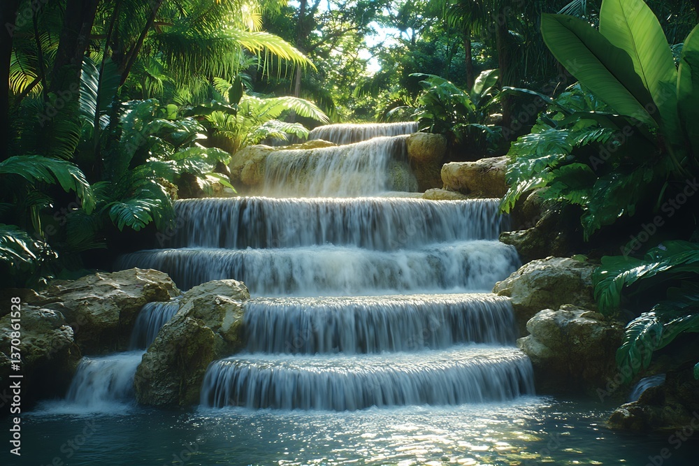 Naklejka premium A lush jungle scene with cascading waterfalls, bathed in the soft, dappled light filtering through the dense canopy