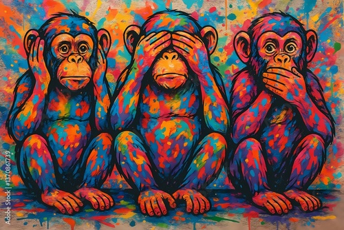 Colorful graffiti-style artwork of the three wise monkeys—hear no evil, see no evil, speak no evil—expressed in vibrant, abstract paint splashes.