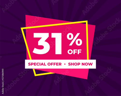 31% off, thirty one percent, special offer, shop now. Background Label. Purple and pink. Discount special offer. Modern concept design. Vector illustration.