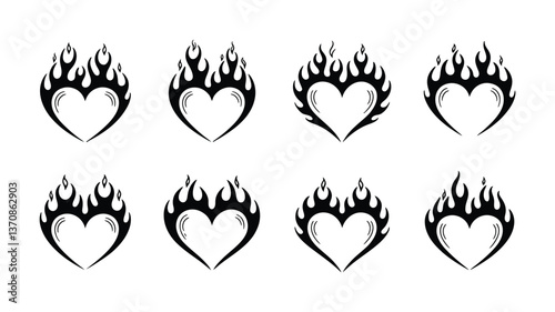 Burning Hearts: A collection of stylized heart illustrations, each encircled by flames, symbolizing passion, love, and intensity, perfect for designs conveying strong emotions.